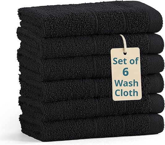 Casa Platino 100% Cotton Washcloths 6 Pack - Spa & Salon Quality Face Cloths - Ring Spun, Soft & Absorbent Wash Cloths for Body, Beauty, Home, Gym - Fingertip Towels Set- 13"x13", Black Towels Set
