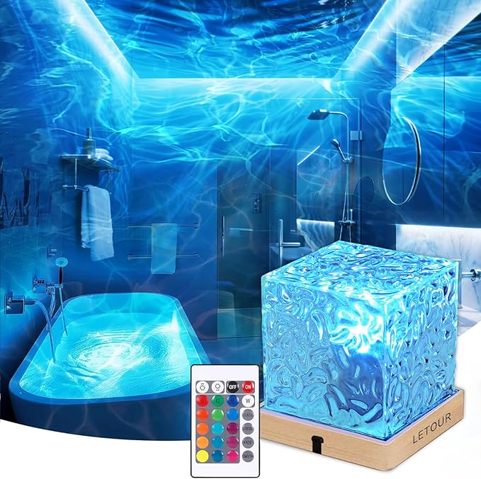LETOUR Bathroom Mood Light,Rechargeable Shower Light 16 Color Changeable Ocean Wave Projector Lamp, Dimmable Waterproof Shower Lamp with Remote, Rotating Cube Water Ripple Lamp for Bath