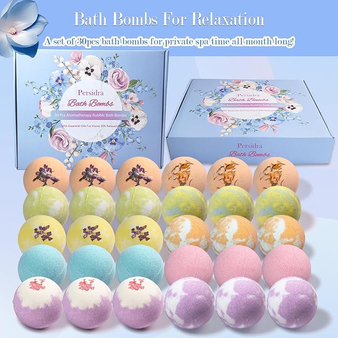 Bath Bombs, 30pcs Bath Bombs for Women Handmade Fizzy Bath Bomb with Essential Oils Bath for Moisturizing Dry Skin & Relaxing, Birthday Valentines Mother's Day Gifts for Women