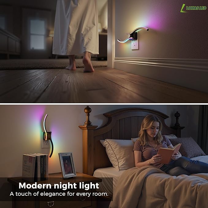 L LOHAS LED Night Light, Night Lights Plug into Wall, Modern Nightlight with Dusk to Dawn Sensor, 3000K & RBG Dimmable Wave Plug in Night Light, for Bedroom Bathroom Hallway
