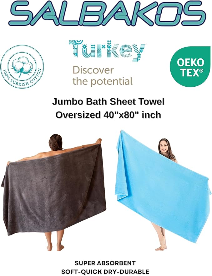 SALBAKOS 100% Turkish Cotton Jumbo Bath Sheet Towel Oversized 40x80 inch | Premium Hotel & Spa Quality, Soft, Absorbent, XL Bath Towels | Made in Turkey (Pack of 1, Navy, Jumbo Bath Sheet)