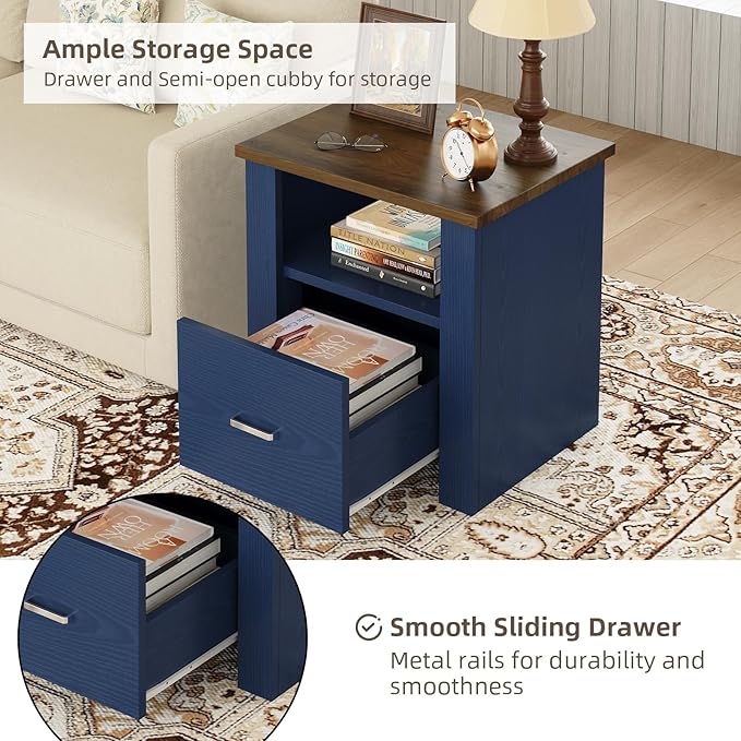 4ever2buy Farmhouse Nightstand with Storage Drawer, Bedside Table with Metal Handle&Open Wood Shelf, Rustic End Table for Bedroom, Living Room, Blue