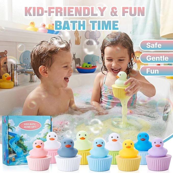 JET LAG 9PCS Cute Duck Bath Bombs for Kids, Handmade Fizzies Bathbombs for Women, Natural & Kids Friendly - Cupcake Gift Set for Birthday Christmas Easter Valentine's Day