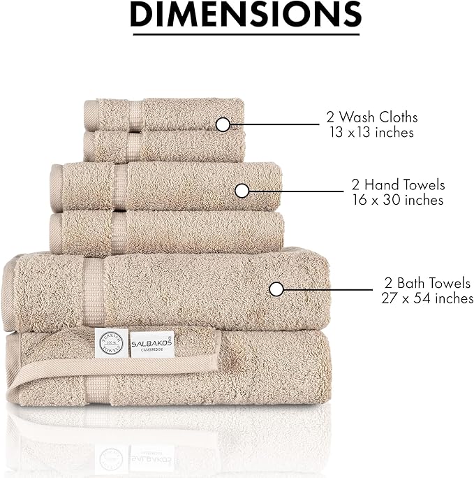 SALBAKOS 100% Turkish Cotton 6-Piece Towel Set | Heirloom Quality Hotel & Spa Collection | Soft, Super Absorbent 2 Washcloth, 2 Hand, 2 Bath Towel Sets | Made in Turkey (Taupe, 6 Piece Towel Set)