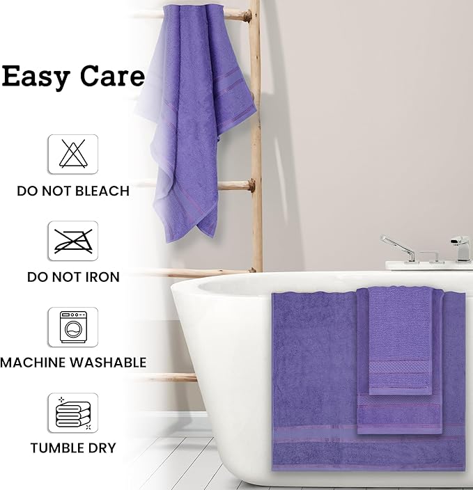 Casa Lino Bath Towel Set of 8 (2 Bath Towels, 4 Wash Cloths & 2 Hand Towels for Bathroom) - 100% Cotton - Highly Absorbent & Quick Dry - Guest Room Essentials for Bathroom Set - (Purple)