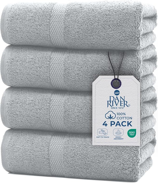 DAN RIVER Bath Towels Set of 4, 27 x 54 Inches, 100% Cotton, Larger & Lighter Weight, Quicker to Dry, Super Soft and Absorbent, Ideal Thick Towels for Daily Use, Silver