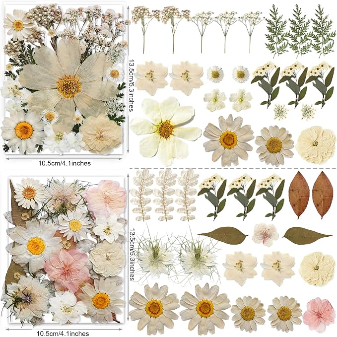 140PCS White Dried Pressed Flowers with Butterfly Stickers - YouthBro Real Nature Flowers Craft Set for Resin DIY Jewelry Candle Soap Vase Making Nail Card Scrapbook Art Floral Decors