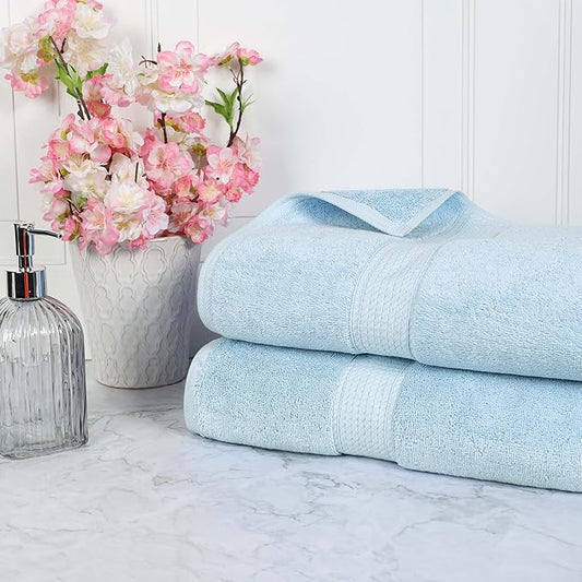 Superior Egyptian Cotton Pile Bath Sheet Set of 2, Ultra Soft Luxury Towels, Thick Plush Essentials, Absorbent Heavyweight, Guest Bath, Hotel, Spa, Home Bathroom, Shower Basics, Light Blue