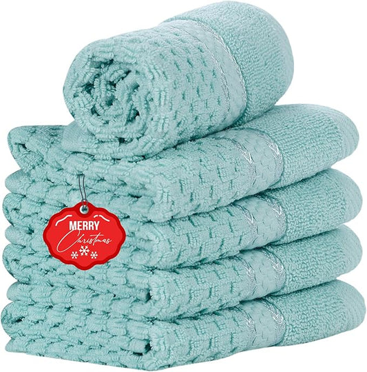 Ample Decor Mint Green Wash Cloth Set of 5 100% Cotton - Quick Dry, Highly Absorbent, Popcorn Textured - Mulaayam Collection - 12 X 12 Inch