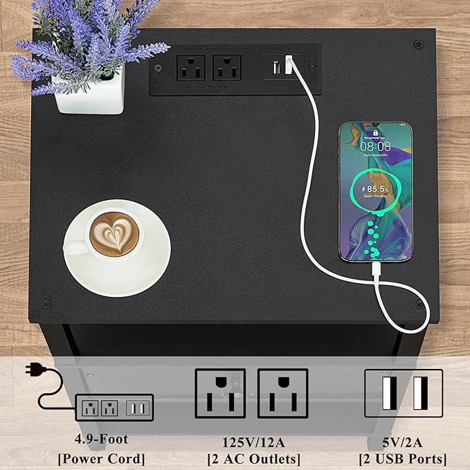 Lerliuo Nightstand Set of 2 with Charging Station and USB Ports, 3-Tier Storage End Table with Drawer Shelf, Night Stand for Small Spaces, Wood Bedside Table for Living Room, Bedroom - Classic Black
