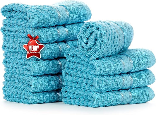 Ample Decor Sky Blue Wash Cloth Set of 10 100% Cotton - Quick Dry, Highly Absorbent, Popcorn Textured - Mulaayam Collection - 12 X 12 Inch