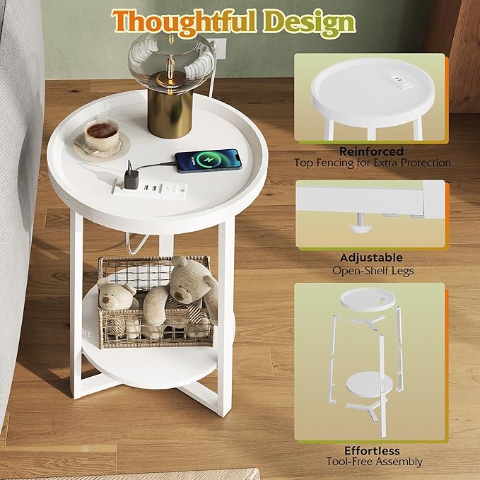 WLIVE Round End Table with Charging Station, 2 Tier Side Table for Living Room/Bedroom, Round Nightstand with Storage Shelf, Small Spaces, Wood Tabletop & Metal Frame, White