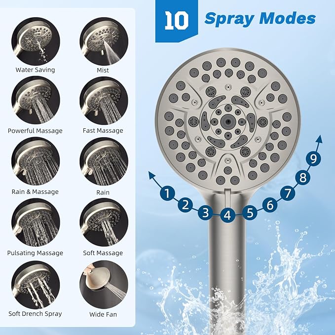 Hibbent Upgraded All Metal 10"Rainfall Showerhead Combo, High Pressure Shower Head with 10-Spray Mode Handheld, Innovative 4-way Diverter with Pause Mode, 71'' Shower Hose & Holder, Brushed Nickel