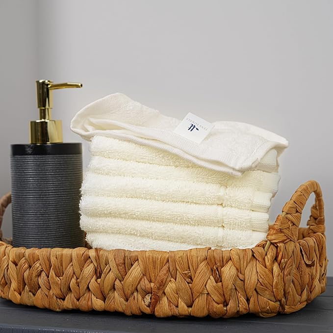 Tens Towels Pack of 60 Washcloths, 12 x 12 Inches, Lighter Weight, Quick to Dry, Super Soft & Absorbent, Gentle Face Towels, Hotel Quality, Perfect for Bathroom, Gym, Spa (Ivory, 60 Pack)
