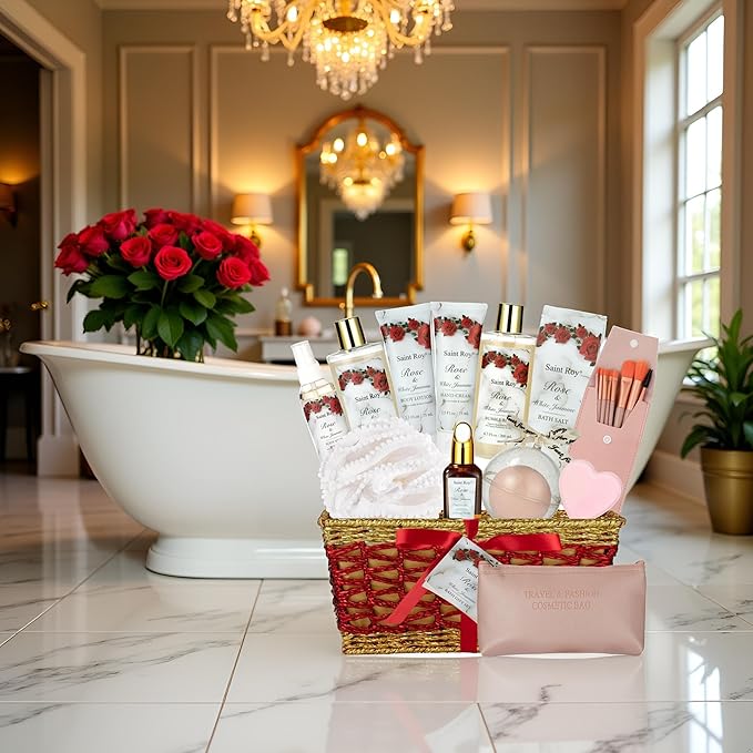 Christmas Gifts for Women - 21-Piece Luxury Rose & Jasmine Spa Gift Basket Set Bath and Body Gift Sets Care Kit with Make up sponge | Valentine's Day, Mothers Day Gifts Baskets for Mom, Wife