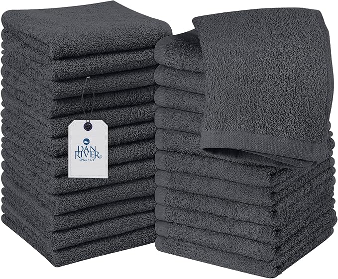 DAN RIVER 24 Pack Wash Cloths for Showering [12x12] - 100% Cotton Washcloths Premium Quality Flannel Face Cloths for Bathroom, Highly Absorbent and Soft Feel Wash Clothes, Charcoal