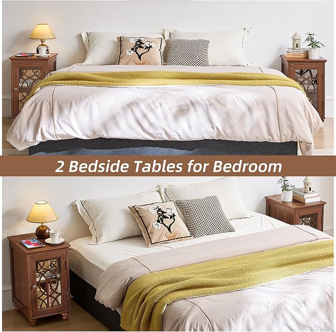 Narrow Side Table Set of 2 with Glass Door, 18 x 14'' Night Stand with Adjustable Shelf Storage Cabinet Organizer, Bedside End Tables Wood Nightstand for Small Spaces Living Room Bedroom