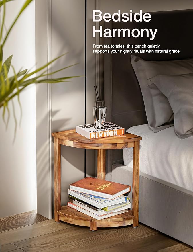 HOLANA 18" Teak Corner Shower Stool for Inside Shower – Teak Corner Shower Bench with Storage Shelf – Shower Foot Rest and Shower Stool for Shaving Legs – Compact Teak Shower Stool for Indoor Use