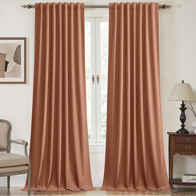 108 Inch Extra Long Blackout Curtains 2 Panels Set, 100% Room Darkening Thermal Insulated Drapes for Living Room & Bedroom, Noise Reducing Linen Textured, Terracotta, Back Tab