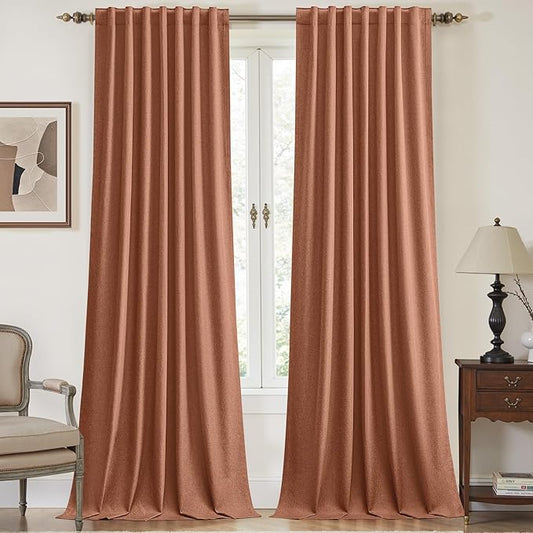 108 Inch Extra Long Blackout Curtains 2 Panels Set, 100% Room Darkening Thermal Insulated Drapes for Living Room & Bedroom, Noise Reducing Linen Textured, Terracotta, Back Tab