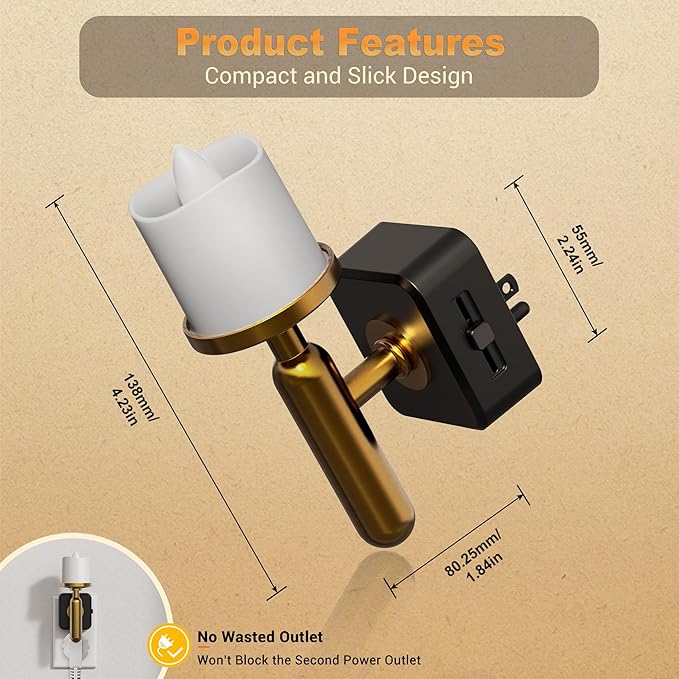 JandCase Candle Night Light, 2 Pack Night Lights Plug into Wall, 3000K Soft White, 0-100LM Adjustable Brightness, Dusk to Dawn Sensor NIghtlight for Dinning Room, Living Room, Bathroom, Hallway