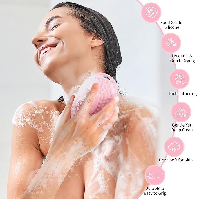 2 Pack Silicone Body Scrubber for Shower - Soft & Gentle Loofah Alternative for Sensitive Skin, Quick-Drying & Hygienic Body Wash Scrubber Brush for Women, Men & Kids (Black & Pink)
