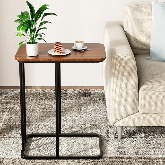 C Shaped Side Table, Small End Table MDF Black Walnut Coffee Table, Modern Simplicity C End Table with Steel Frame for Living Room, Bedroom (Black Walnut)