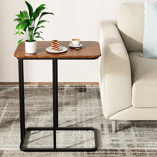 C Shaped Side Table, Small End Table MDF Black Walnut Coffee Table, Modern Simplicity C End Table with Steel Frame for Living Room, Bedroom (Black Walnut)