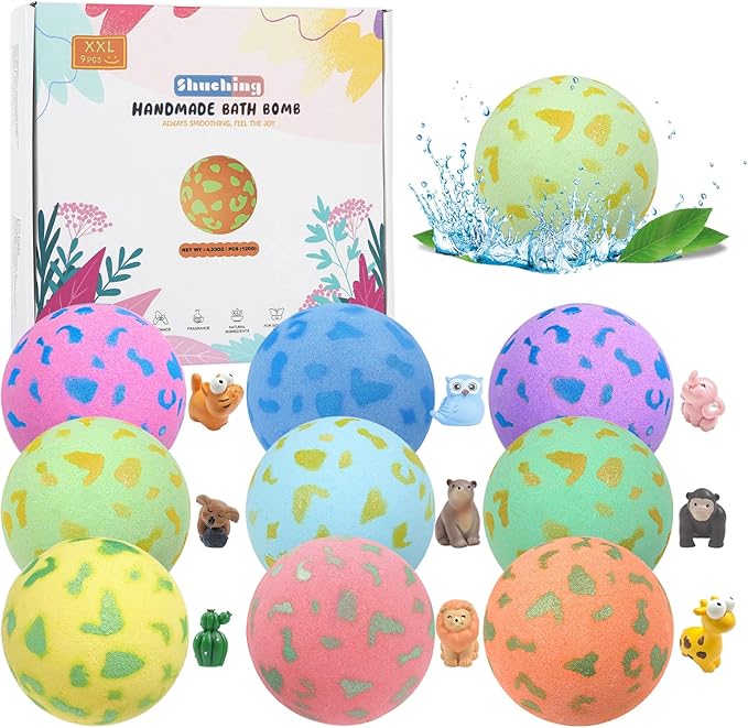 SHUCHING 9 PCS XXL Organic Bath Bombs with Surprise Inside for Kids, Bubble Bath Fizzy Balls for Boys Girls Birthday Christmas