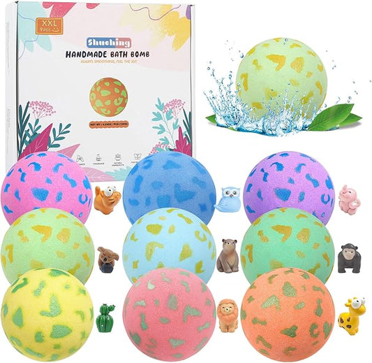 SHUCHING 9 PCS XXL Organic Bath Bombs with Surprise Inside for Kids, Bubble Bath Fizzy Balls for Boys Girls Birthday Christmas