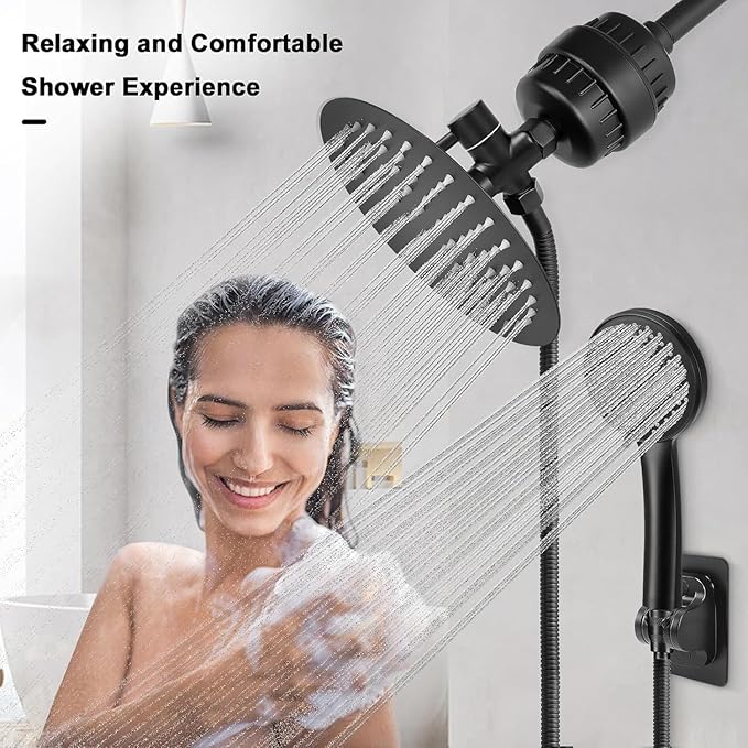 NearMoon Filtered Shower Head, High Pressure 8″Round Rain Shower and 5 settings Handheld Shower Filter Combo with Self-adhesive Holder/1.5M Hose -1 Replaceable Filter Cartridge (Matte Black)