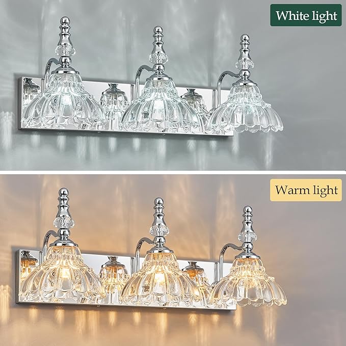 Vintage Bathroom Vanity Light, 3-Light Chrome Vanity Lighting Fixture with Flower Glass Shade, Bathroom Lighting Fixtures Over Mirror