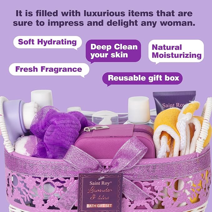 22 Pcs Bath and Body Gift Set - Spa Gift Baskets for Women Jasmine & Honey Scent, Spa Kit Lavender and Jasmine Scented, Birthday Gift Basket, Bath Gift Basket For Women, Luxury Bath Gift Set Home Spa