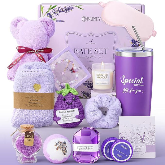 Briney Birthday Gifts for Women, Lavender Relaxing Spa Basket Care Package, Birthday Christmas Gift Basket for Mom Wife Girlfriend Her Sister, Luxury Self Care Box,Purple
