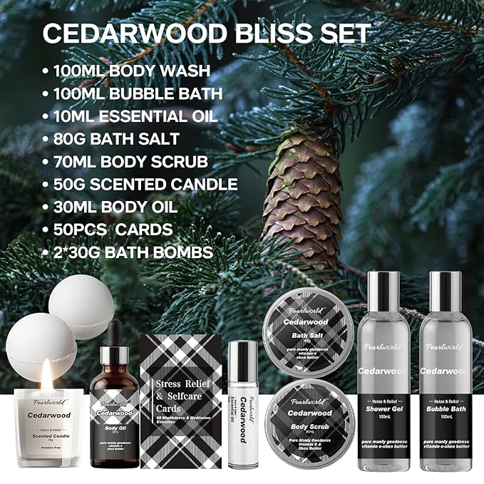 12Pcs Men's Spa Gift Set - Cedarwood Bath & Body Care Kit, Home Spa Set with Natural, Perfect Gifts for Men - Father's Day, Birthday, Valentine's & Christmas