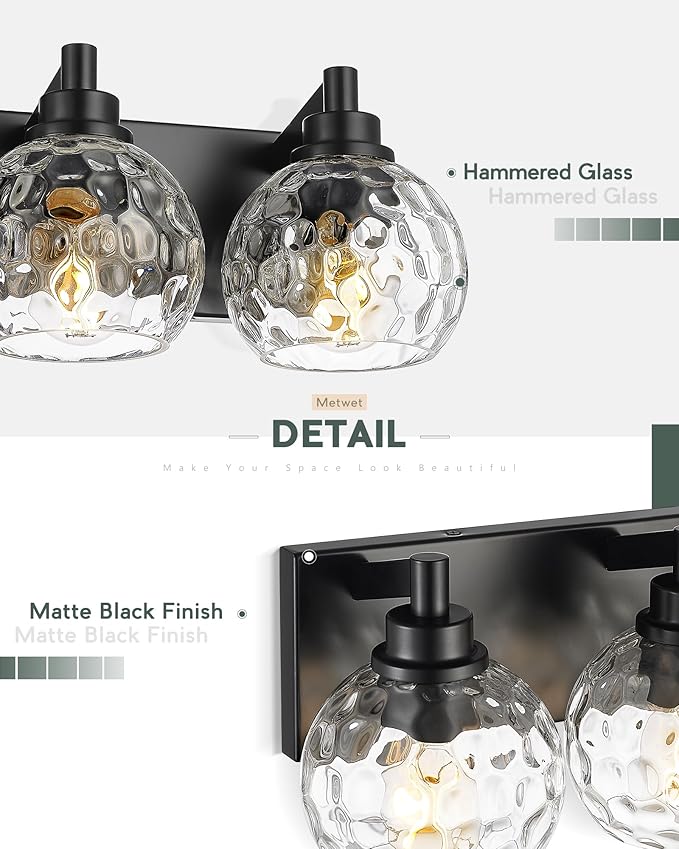 Bathroom Light Fixtures Over Mirror, 26" Matte Black Vanity Light with Clear Hammered Glass Globe Shade, 4-Light Modern Sconces Wall Lighting for Bedroom Hallway, VL200-MB-CL-4