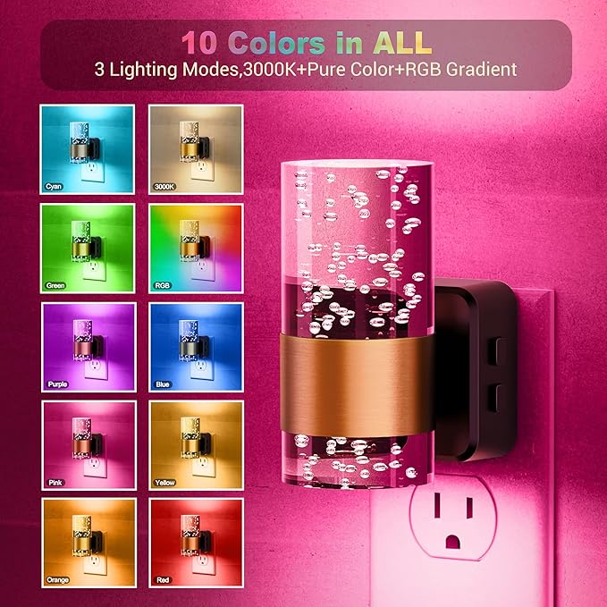 JandCase Night Lights Plug into Wall,2 Pack Color Changing Night Light for Kids, 3000K+RGB 10-Color LED Nightlight with Dusk to Dawn Sensor, 10/50/100LM Adjustable Brightness for Rooms Home Decor