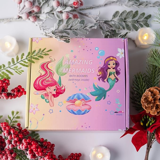 Handmade Bath Bomb Gift Set with Toys Inside, 9 Pack Organic Bath Bombs for Kids, Birthday Gift for Girls, Bubble Bath Fizzy with Natural Shea and Coconut Butter, Little Mermaid Toys