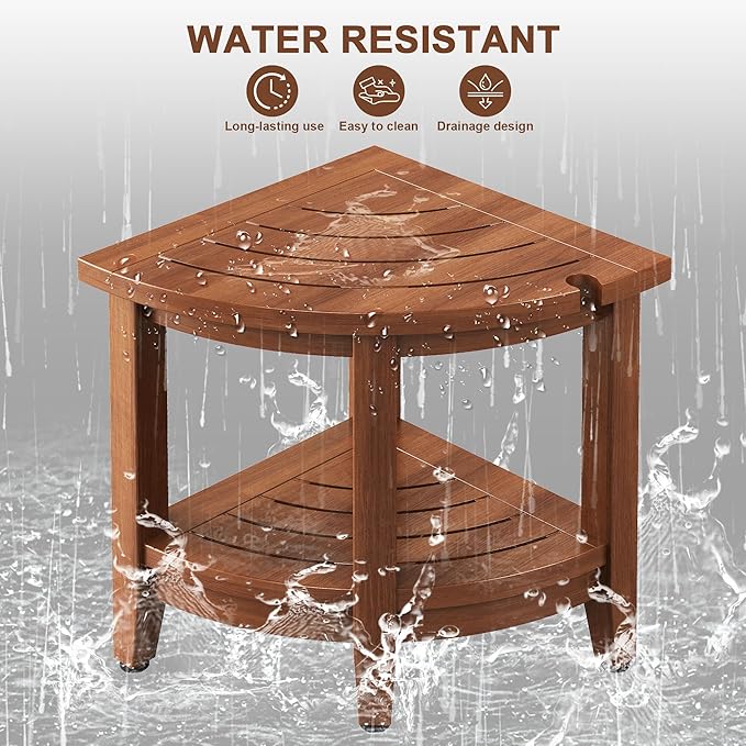 18" Teak Corner Shower Stool, Inside Shower Stool with Storage Shelf, Waterproof Teak Stool for Shaving Legs and to Sit On, 2-Tier Shower Stool,Adjustable Feet, Non-Slip, Brown