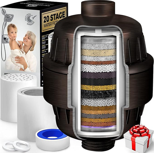 AquaHomeGroup 20 Stage Shower Head Filter with Vitamin C E A for Hard Water - High Output Filters to Remove Chlorine and Fluoride - 2 Cartridges Included - Consistent Flow Showerhead Filter