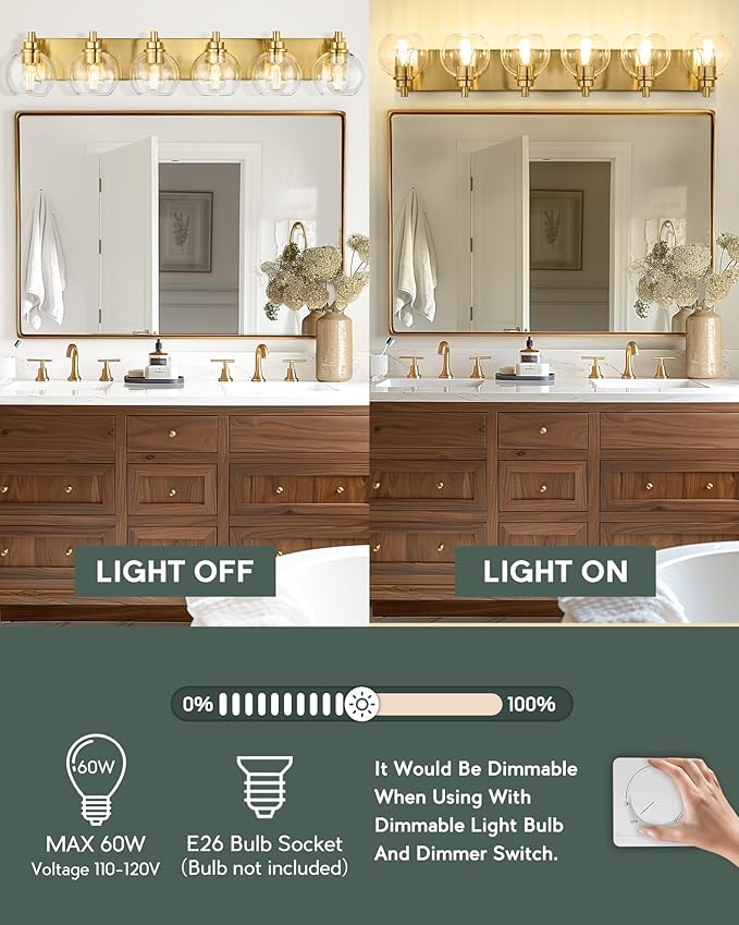 Bathroom Light Fixtures, 6 Light Brushed Gold Vanity Light, 38 Inch Modern Wall Sconces with Globe Clear Glass Shade, Vanity Lighting Fixtures Over Mirror, VL195-BG-6