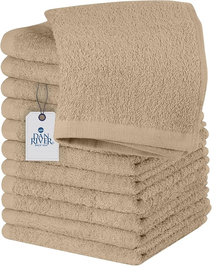 DAN RIVER 12 Pack Wash Cloths for Showering [12x12] - 100% Cotton Washcloths Premium Quality Flannel Face Cloths for Bathroom, Highly Absorbent and Soft Feel Wash Clothes, Tan