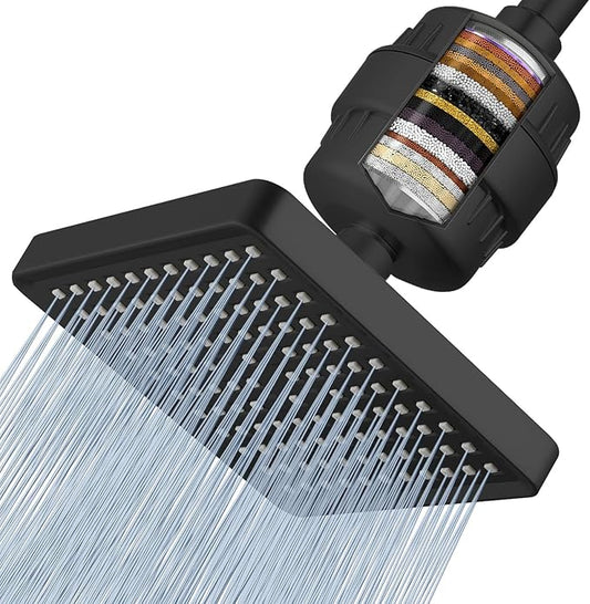 Voolan Filtered Shower Head - 20 Stage Luxury Rain Shower Filter For Hard Water for Remove Chlorine and Harmful Substances - 6" Square High Pressure Rainfall Showerhead (Matte Black)