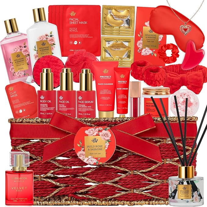 35 Pcs Christmas Gift for Women, Red Rose Bath and Body Basket Gift, Face Skin Care Kit, Home Spa Self Care, Lip Gloss, Diffuser, Necklace, Birthday, Valentines, Mother Day, Bridal Shower, Anniversary