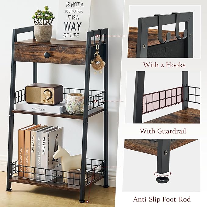 3-Tier Bathroom Ladder Shelf with Drawer, Bathroom Stand Floor Storage Shelf, Freestanding Tower Shelf Ladder Table for Living Room, Bedroom -Rustic Brown