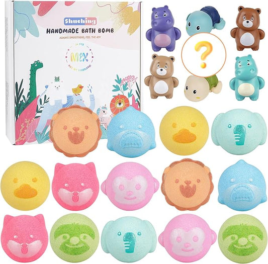 SHUCHING 14 Pcs Colorful Animal Bath Bombs for Kids, Organic Bubble Bath Fizzy Balls for Toddlers, Birthday Christmas Gifts Set for Boys Girls