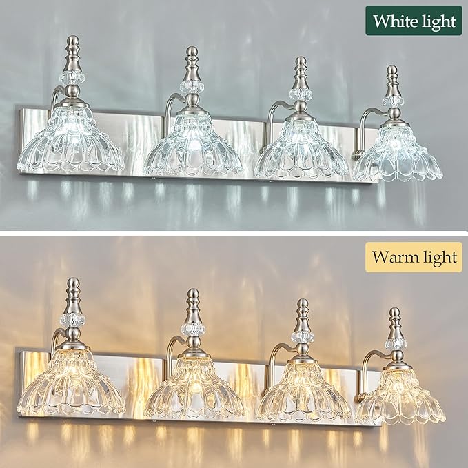 Vintage Bathroom Vanity Light, 4-Light Brushed Nickel Vanity Lighting Fixture with Flower Glass Shade, Bathroom Lighting Fixtures Over Mirror