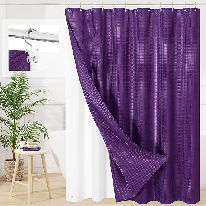 3 in 1 Long Purple Shower Curtain Set-72 W x 78 H, Modern Waffle and PEVA Liner Set with 12 Stainless Steel Hooks, Waterproof Fabric for Bathroom