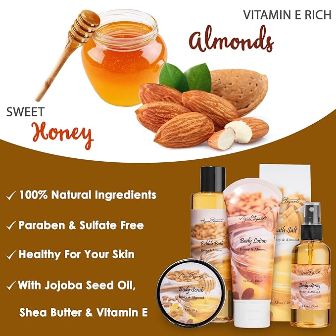 Bath Spa Gift Sets - Luxury Basket With Honey & Almond - Bath Kit With Body Wash, Bubble Bath, Lotion, Body Butter, Soap, Towel in Luxury Wooden Basket
