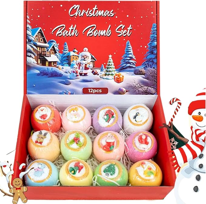 Christmas Bath Bombs 12PCS/Set Different Scents Natural Organic Bath Bombs with Surprise Toys Inside Bathbombs for Women Mom Girlfriend